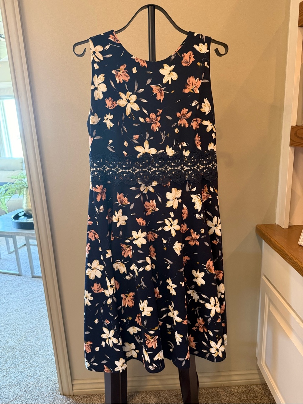 Navy Sleeveless Floral Midi Dress with Lace Waist - Picture 1 of 11